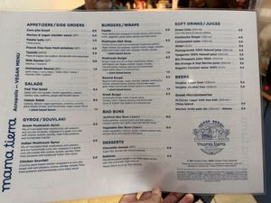 Menu at Mama Tierra - Acropolis in Athens