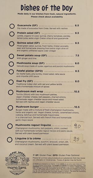 Daily specials menu at Mama Tierra - Acropolis in Athens