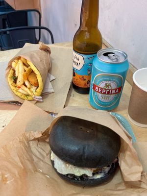 Chicken souvlaki and Greek burger  at Mama Tierra - Acropolis in Athens