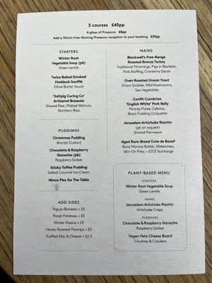 Xmas menu with plant based version  at 601 Queen's Rd in South West London