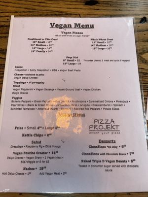 Vegan Menu  at Pizza Projekt in London