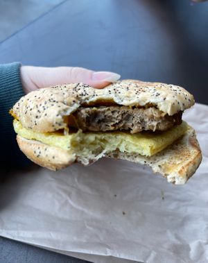 inside everything plant based sandwich (filling: just egg, violife cheese, & beyond sausage)   at Peet's Coffee in San Diego
