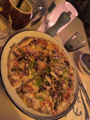 veggie pizza (switched the corn to green peppers)   at Barbuda in Mallorca