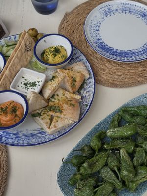 mezze plate and padron pepperss  at Barbuda in Mallorca