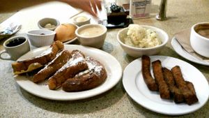 French toast, tempeh bacon, mashed potatoes, gravy, and a biscuit  at Mother's Market Kitchen in Brea