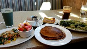 Gluten free pumpkin flaps, chickpea scramble with fruit, Ma's pesto pasta, grasshopper shake and goddess juice. All vegan of course. :) at Mother's Market Kitchen in Brea