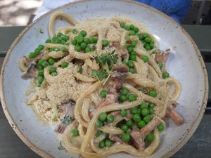 Buccatini with mushroom at Owca Cała in Poznan