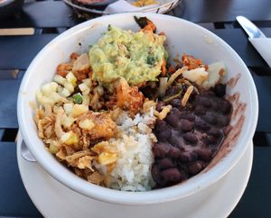 Vegan bowl - rice, potato puree, black beans, guac, cauliflower, cucumber & pineapple at Palenque Cocina Y Agaveria in Littleton