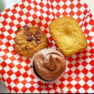 Sweet Potato Pecan Cookie, Cornbread, and a Double Chocolate Cupcake  at Flame-N-Ray's in Eugene