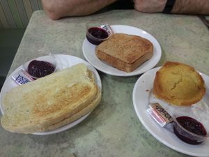 From left to right: sourdough bread, ma's toast, and cornbread. The strawberry jam was amazing! at Mother's Market Kitchen in Irvine
