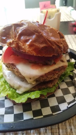 Impossible Double with swiss and mushrooms on a pretzel bun!  Say what??? at The Green Table in Palm Harbor