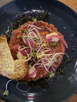 Tomato steak tartare  at Oproer Brouwerij Biercafé in Utrecht