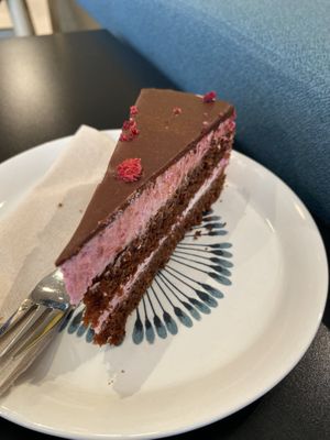 Raspberry and chocolate cake  at LUSH Cafe in Munich