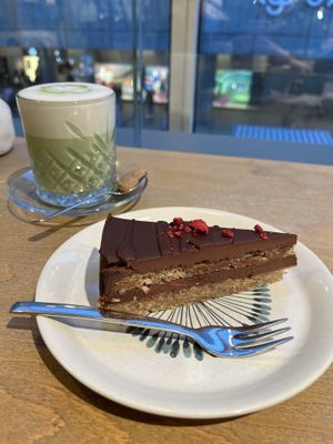 Nougat Torte and matcha latte  at LUSH Cafe in Munich