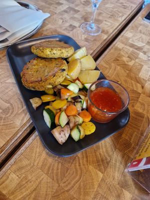 Vegetable patties with potatoes and roasted veggies at Gasthaus-Pension Sonnenhof in Ulrichsberg