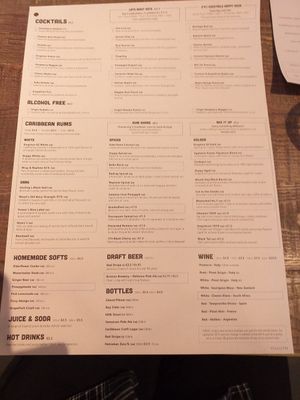 Drinks menu at Turtle Bay in Coventry