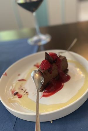 Chocolate cake with raspberries   at Oé Bistró in Leioa
