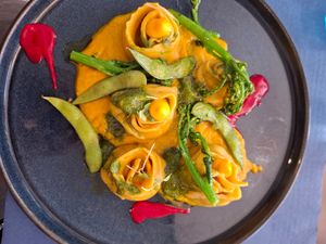 Aubergine ravioli with pumpkin sauce at Oé Bistró in Leioa