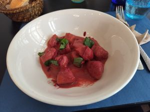 Pumpkin gnocchi with beetroot and basil at Oé Bistró in Leioa