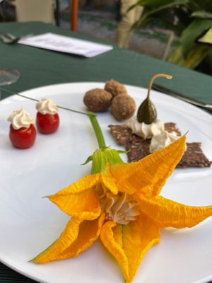 Olive ascolane, pomodorini con mozzarella di cetrioli, Canapè con ricottina di noci macadamia, fiori di zucchine con Kimchi. at Mulin Visconti Agriturismo in Castelleone