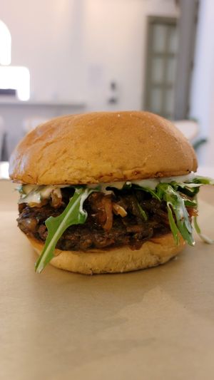 Black Rhino Burger (mushroom base) at Rhino Vegan Beat in Mykonos