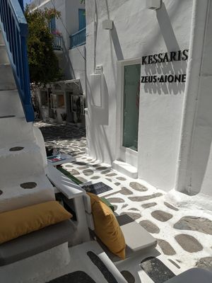 View from the small patio table at Rhino Vegan Beat in Mykonos