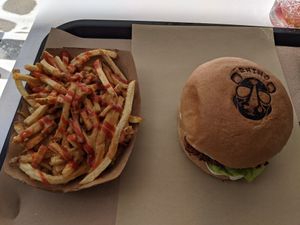 Oxpeck fries and Chick n' Crispy sandwich at Rhino Vegan Beat in Mykonos