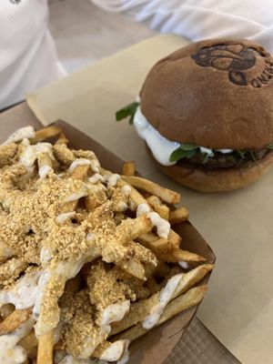 truffle fries and mushroom burger  at Rhino Vegan Beat in Mykonos