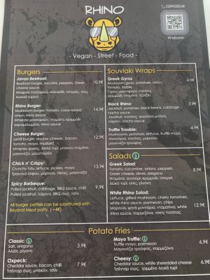 Menu (front)  at Rhino Vegan Beat in Mykonos
