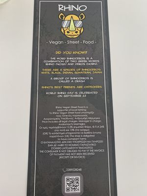 Drink menu (front)  at Rhino Vegan Beat in Mykonos
