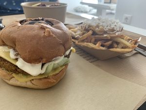 Cheeseburger and Cheese Fries  at Rhino Vegan Beat in Mykonos