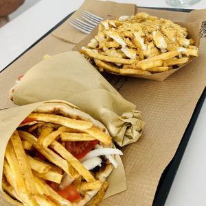 Mushroom gyros with loaded fries   at Rhino Vegan Beat in Mykonos