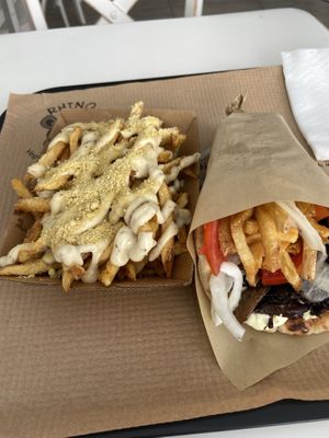 Gyros and side  of fries  at Rhino Vegan Beat in Mykonos