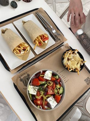 Greek Gyros and truffle fries   at Rhino Vegan Beat in Mykonos