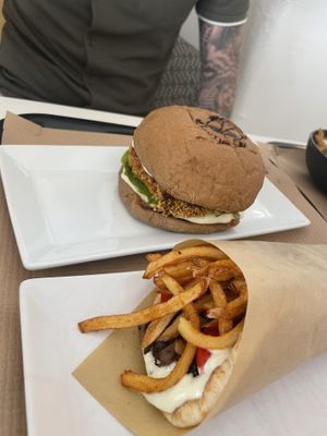 Crispy tofu chicken burger   at Rhino Vegan Beat in Mykonos