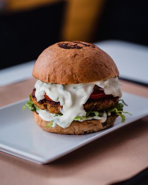 Rhino Burger..
Lentil burger, tomato, onion, lettuce, tzatziki!!! at Rhino Vegan Beat in Mykonos