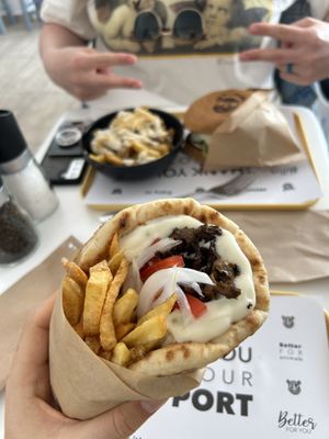 greek gyros, greek burger and mayo truffle friess  at Rhino Vegan Beat in Mykonos