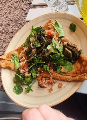 Vegan Crepe with hummus and mushrooms at A la Crêpe in Stockholm