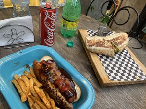 Barbecue hotdog and tofu scramble burrito    at Querida Simona in Mexico City