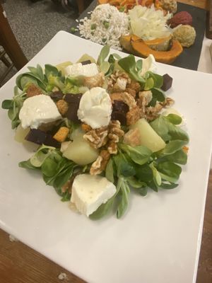 Beetroot, walnut and potato salad. Was unclear whether it was vegan and it turned up with cheese. My husband had the cheese and the rest was ok, again no real flavour.   at Casa Lodi in Milan