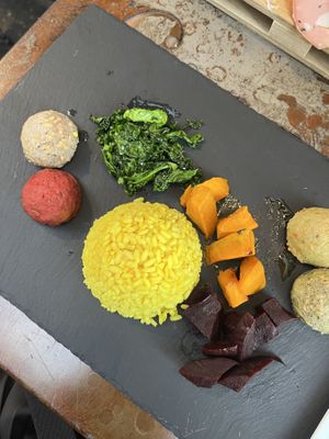 Sqash and kale very good, those "meatballs" very dry and rice bland and dry  at Casa Lodi in Milan