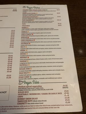 Vegan menu   at Taj Indian in Liverpool
