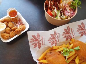 Chicken poppers, tofish and chips, kebab bowl at Earthling in Bournemouth