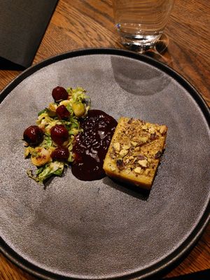 4: Polenta with pistachios, cherry wine sauce, brussel sprouts with cherries at Funken Lodge in Longyearbyen