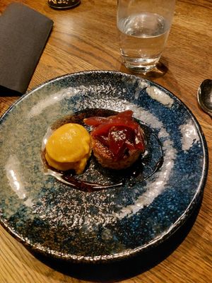 9: Almond cake with poached pear and berry ice cream at Funken Lodge in Longyearbyen