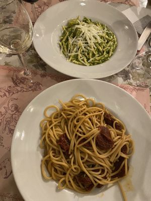 Sun dried tomato and chilli pasta, minus the cheese. Hubby had veggie pesto pasta with potatoes and veg.  at Gli Angeletti in Rome