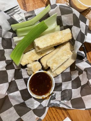 Tofu wings with sweet chili sauce. Actually very flavorful, great crisp  at Otto's Pub and Brewery in State College