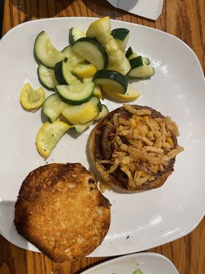 Vegan cowgirl burger with veggie side, also offer beer battered fries, sweet potato fries, side salad  at Otto's Pub and Brewery in State College