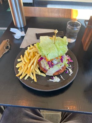 Veggie Burger “Vegan option” with Lettuce wrap and added cabbage and onions for extra charge plus add side of French fries!! So delicious!   at BOX Burger - 宮城野店 in Hakone