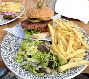 Vegan burger with fried onions, sweet and sour mayo, tomato, lettuce, and a small salad and some fried on the side!   at Le Skilt in Les Belleville